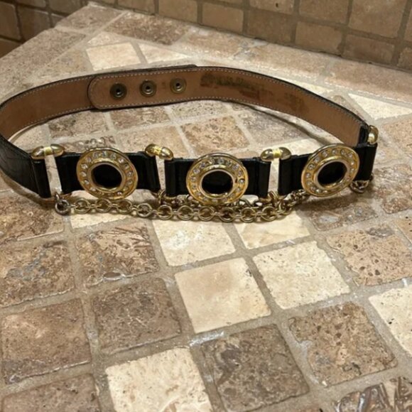 Y2K VINTAGE STREETS AHEAD CROC LEATHER BELT EMBELLISHED CHAINS RHINESTONES SZ S main image 8
